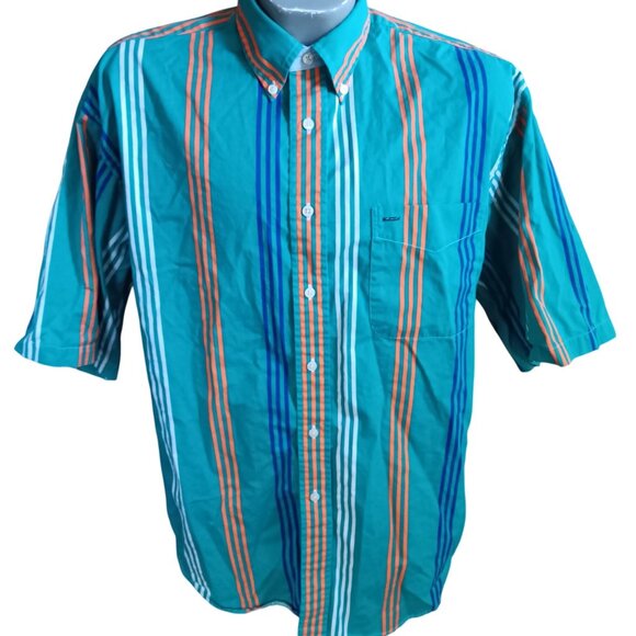 Men's Large Shirt Deep River Vintage Y2K Striped Button-Down Turquoise Orange - Picture 2 of 4